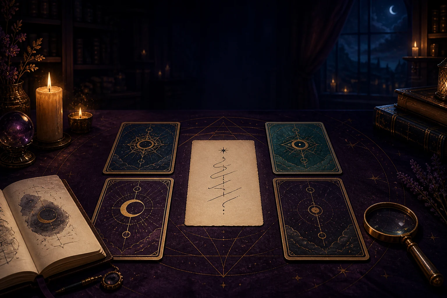 Mesa de estudio nocturna con una interpretación en el centro y cuatro cartas cerradas como posibles respuestas