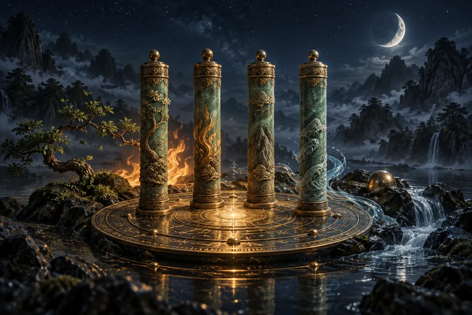 Cuatro pilares de jade y bronce rodeados por los cinco elementos bajo un cielo estrellado