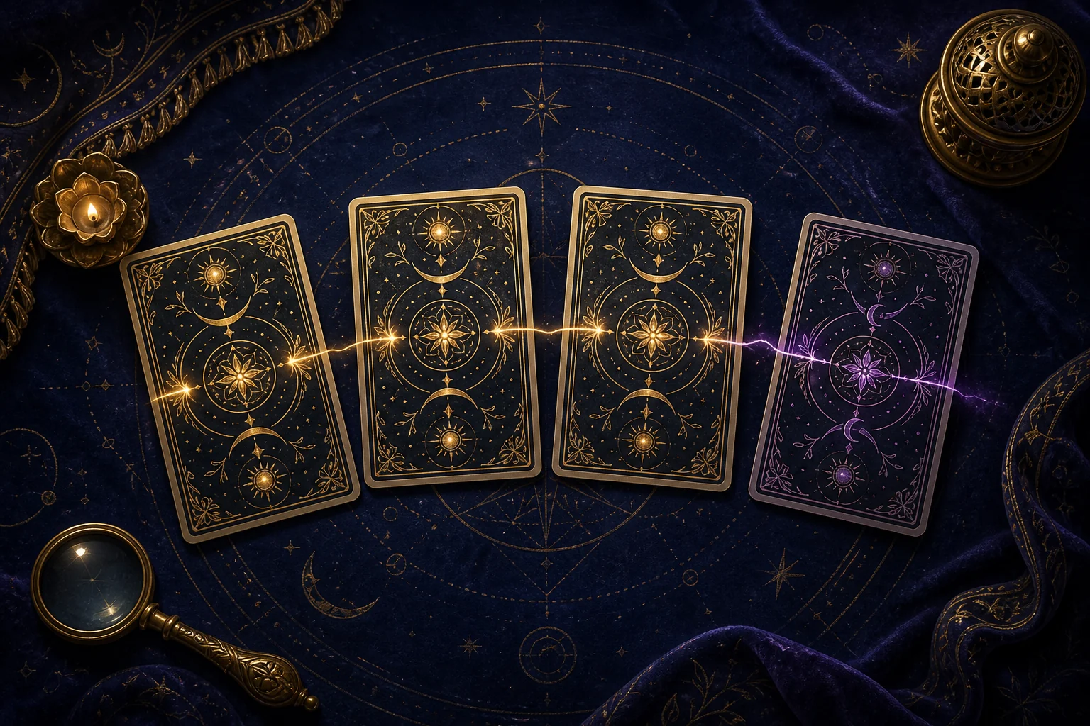 Cuatro cartas cerradas sobre terciopelo azul; tres están unidas por un hilo dorado y una se separa en violeta