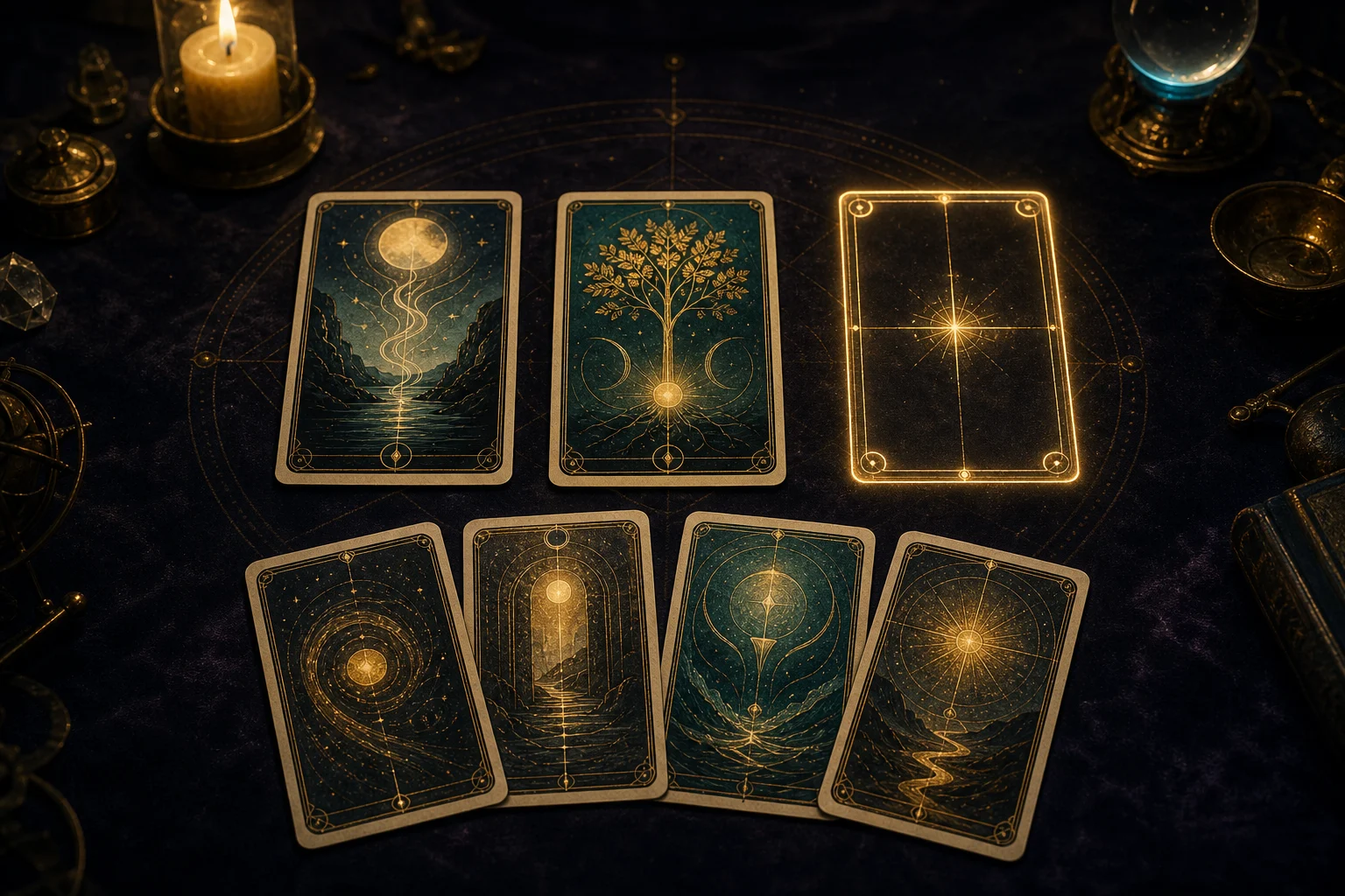 Tirada nocturna con dos cartas abiertas, un tercer espacio luminoso vacío y cuatro cartas como posibles respuestas