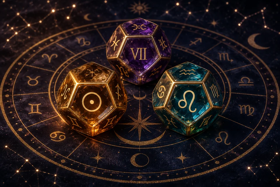 Tres dados astrológicos de cristal ámbar, turquesa y violeta sobre una rueda celeste