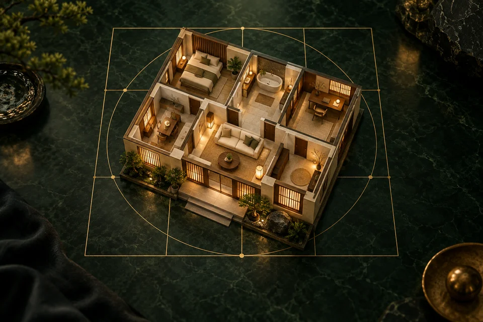 Maqueta de una casa cálida sobre líneas doradas de un plano, en un fondo verde jade