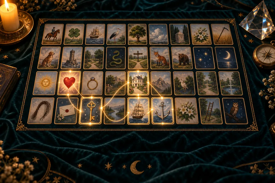 Un tablero de cartas Lenormand sobre terciopelo verde, unido por hilos de luz