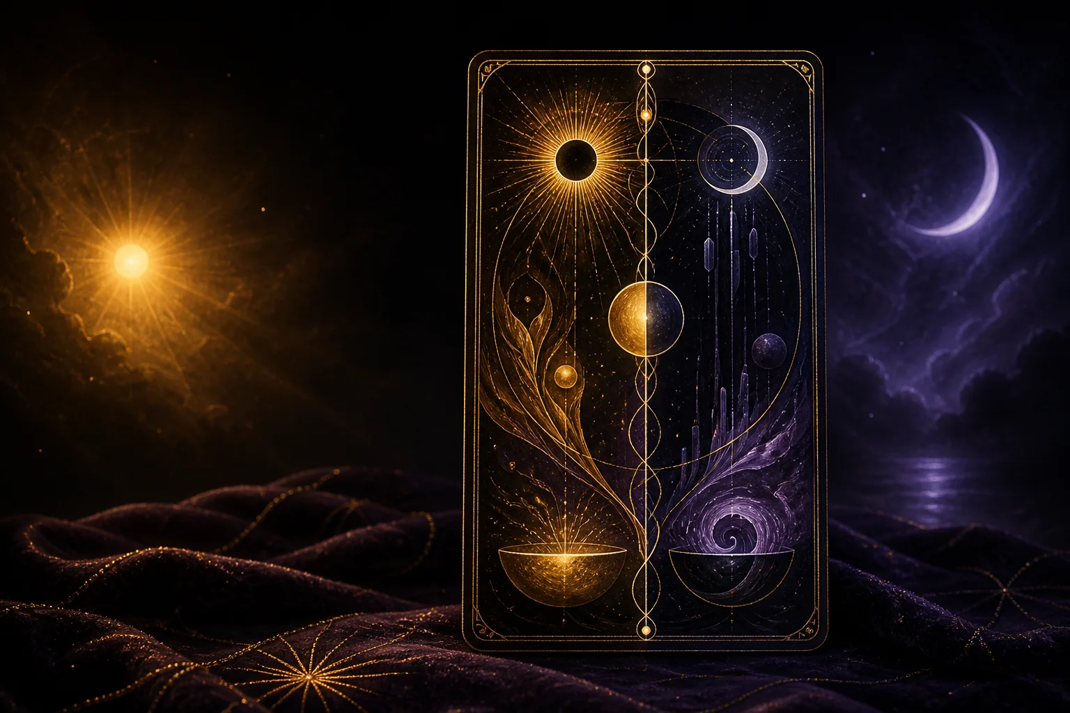 Carta simbólica original iluminada por un sol dorado y una luna violeta sobre terciopelo oscuro
