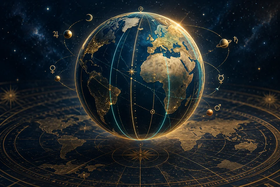 Globo terrestre azul recorrido por líneas planetarias doradas