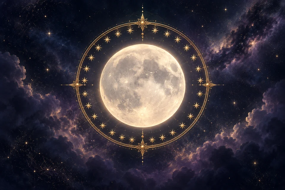 Luna luminosa rodeada por un anillo dorado de estrellas sobre un cielo índigo