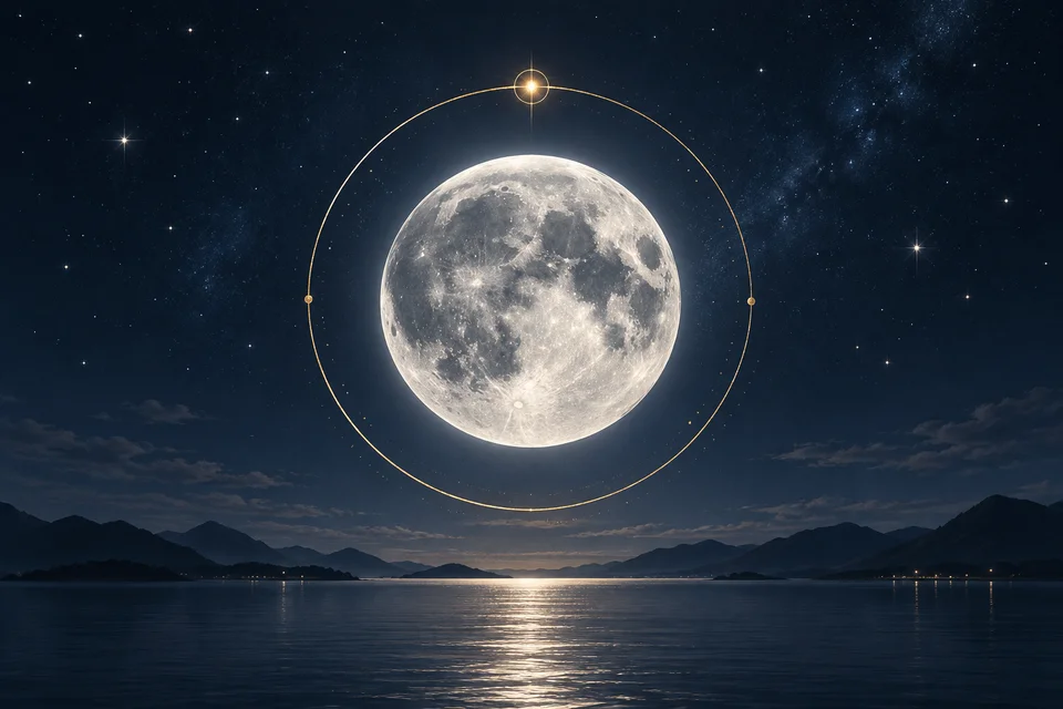Una Luna plateada en su órbita dorada sobre un horizonte nocturno