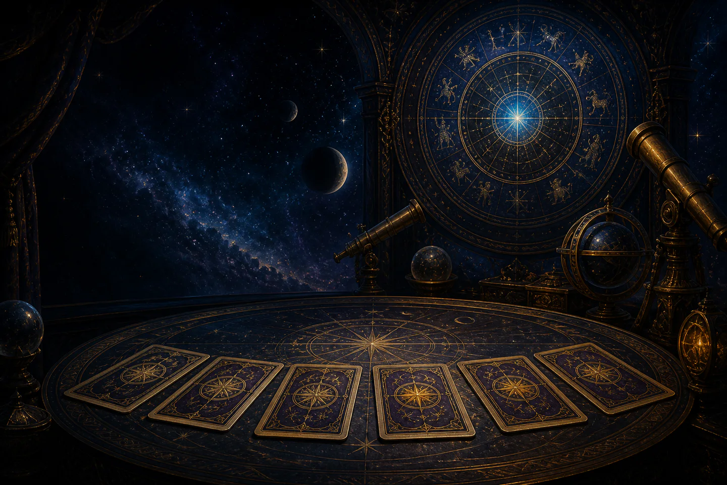 Mesa celeste con siete cartas del Tarot Astrológico