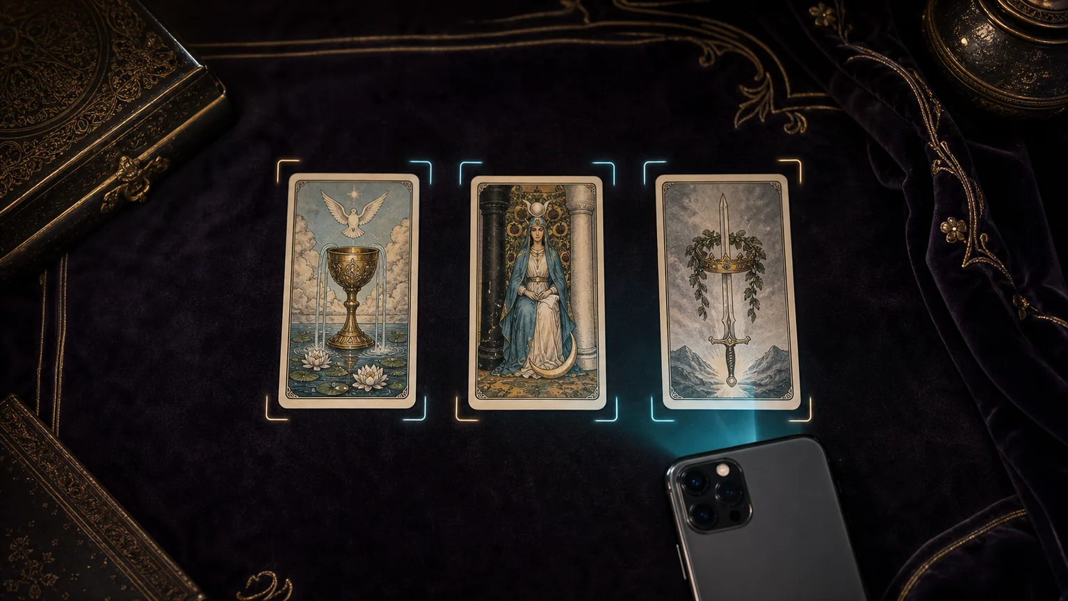 Tres cartas de tarot fotografiadas y reconocidas visualmente
