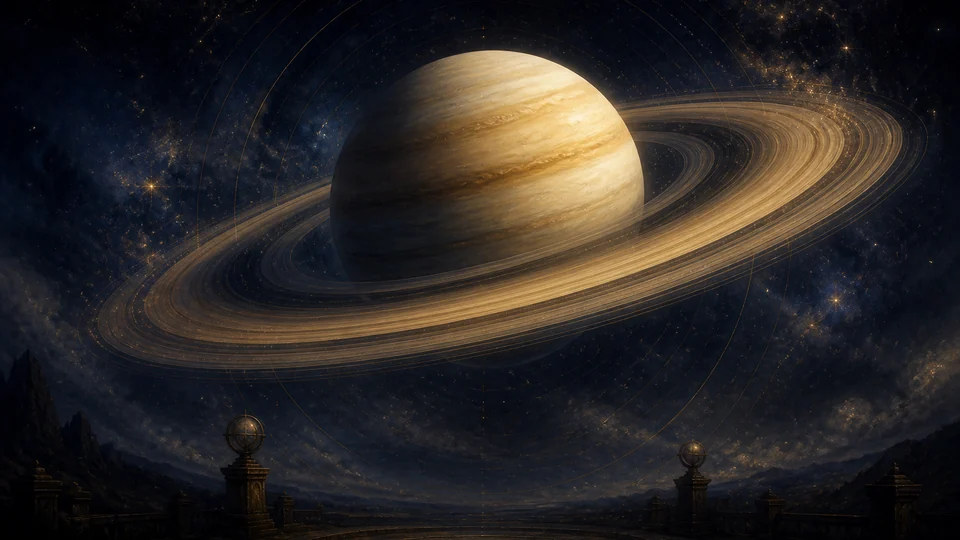 Saturno sobre un observatorio bajo un cielo estrellado