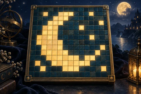 Luna de casillas doradas sobre un tablero de mosaico azul
