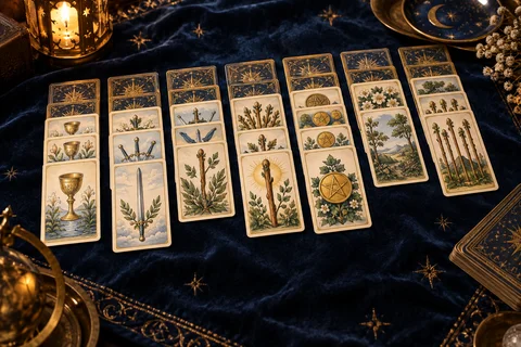 Cartas de tarot dispuestas en columnas de solitario sobre un tapete azul